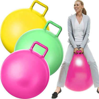 Lewtemi 3 Pcs 29 Inch Bouncing Ball with Handle, Outdoors Hopper Jumping Hopping Ball and Air Pump for Sports Exercise (Yellow, Light Green, Pink)