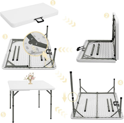 34" Square Folding Table,Multi-Functional Portable Folding Card Table with Carrying Handle for Indoor Outdoor Camping,Picnic, Office, Party Use, HDPE Plastic Tabletop with Metal Frame(White)