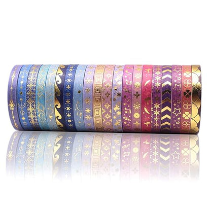AEBORN Thin Purple Washi Tape - 20 Rolls 5mm Gold Foiled Skinny Washi Tape Set, Pretty Star Washi Tape for Bullet Journal, Scrapbook, Gift Packaging, DIY Crafts
