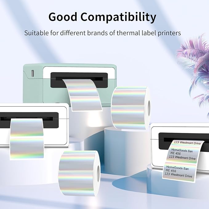 2.25"x1.25" Direct Thermal Labels, Holographic Thermal Printer Labels for Barcode, Self-Adhesive Address Shipping Thermal Label Stickers-1 Roll, 300 Labels, Holographic Silver