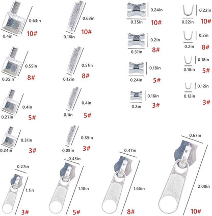 48 Pieces Metal Zipper Repair Accessories Set, Zipper Head Slider Retainer Box Insert Pin Top Bottom Stoppers for DIY Sewing Replacement Zipper Repair Kit 3# 5# 8# 10# (Platinum)