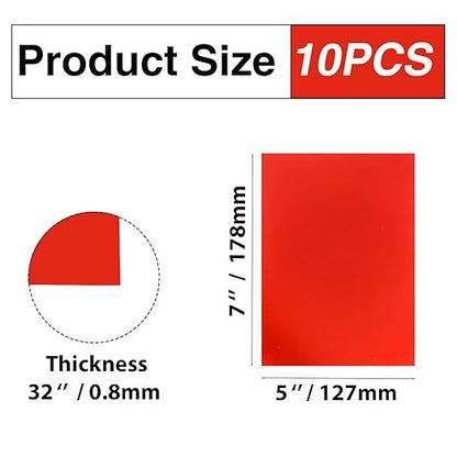 10Pcs Red Anodized Aluminum Sheet 5" x 7" x 1/32" (0.8mm) Corrosion-Resistant Metal Plates for Laser Engraving, DIY Crafting, Sign Making, Home Decor