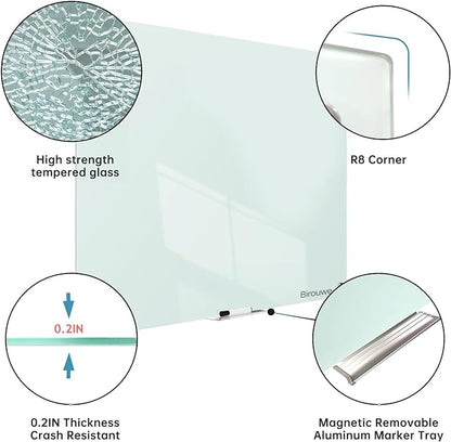 Magnetic Glass Whiteboard - Glass Dry Erase Board 36"x24" Large Frameless Glass Board for Walls Office School and Home