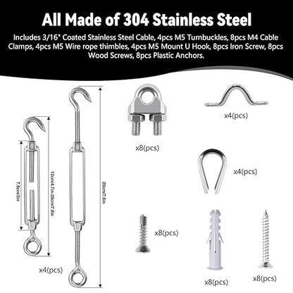 3/16" Sunshade Sail Hardware Kit, Turnbuckles for Cables Wires, PIUM PVC Coated Wire Rope Kits, 50Ft Stainless Steel Cable for Clothes Line Wires, String Light Hanging and Garden Plant Trellis