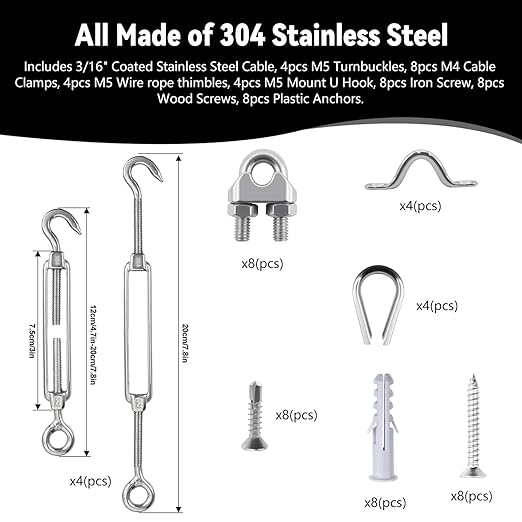 3/16" Sunshade Sail Hardware Kit, Turnbuckles for Cables Wires, PIUM PVC Coated Wire Rope Kits, 100Ft Stainless Steel Cable for Clothes Line Wires, String Light Hanging and Garden Plant Trellis