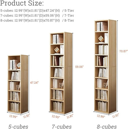 IOTXY Small Narrow Corner Bookcase - 59 Inches Tall Gap Freestanding Storage Cabinet, 7 Lattices Open Shelves Tower Rack, Cubes Bookshelf in Oak