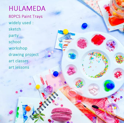 Hulameda 80pcs Paint Tray Palettes, Plastic Round Pallets for Kids or Students,Craft DIY or Have a Birthday Painting Party