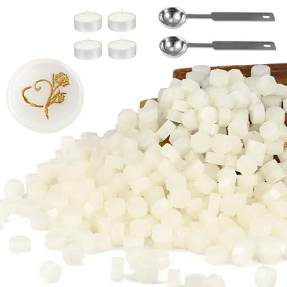 Yoption 360Pcs Cream White Sealing Wax Beads with 2 Spoons and 4 Tea Candles for Wax Seal Stamps, Cards, Wedding Invitations, Wine Packaging, Gift Wrap, Envelopes