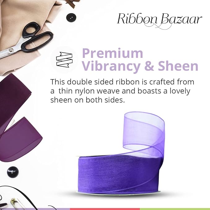 Ribbon Bazaar Sheer Organza Wired Ribbon - 100% Polyester Wire Edged Ribbon for Floral Decor, Table Arrangements, Apparel Embellishment & More - 1-1/2" Purple 25yd