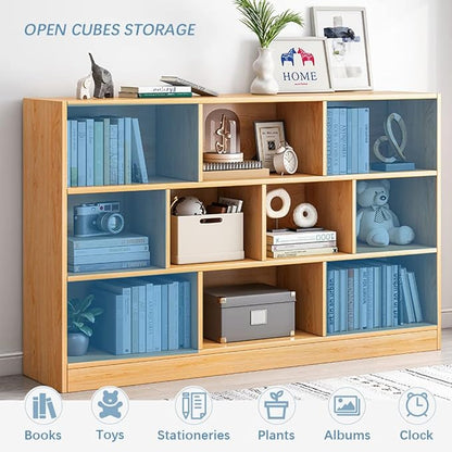 IOTXY Open Shelf Low Bookcase - Wooden 3-Tier Floor Standing Display Cabinet Organizer with Base, 8 Cubes Short Horizontal Bookshelf in Tiffany-Green