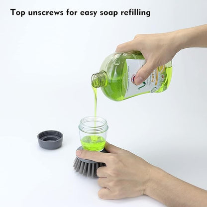Dish Brush with Soap Dispenser, Kitchen Scrub Brush for Dishes Pots Pans Sink Cleaning, Dish Scrubber with Holder Set (Grey Handle & Nylon Bristles)