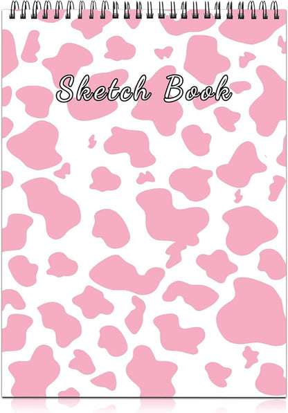 Deokke Sketchbook Top Spiral Bound Sketch Pad, 9 x 12 inch,100GSM Thick Paper,50 Sheets 100 Pages,Art Sketch Book Aesthetic Cute Drawing Writing Paper,for Girls Women-Pink Cow Pattern Western