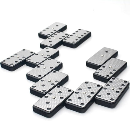 Bucher&Rossini Metal Surface Dominoes Set Double 6 - Classic Black Domino's Game Set with Silver Metal Surface for Adults and Kids Ideal Gift for Domino Players or Family Game Night