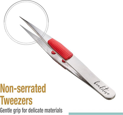 Beaditive High Precision Heavy-Duty Tweezers With Cushion - 4.7" Craft Tweezers for Sewing, Beading & DIY Crafts - Non-Serrated, Fine Point Tips - Stainless Steel Needle Nose Hobby Tweezers (Fuchsia)