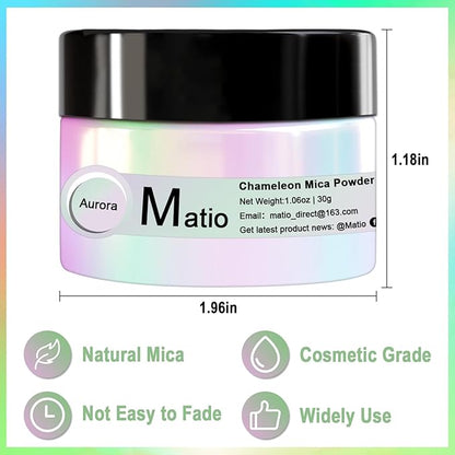 Matio Chameleon Mica Powder, 1.06oz/ 30g Cosmic Rainbow White Chrome Powder, Pearlescent Effect Color Shift Pigment for Resin Craft, Soap Candle Dye, Nail Art, Makeup, Bath Bomb,Paint,Slime Pigment