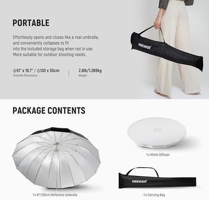 NEEWER 51"/130cm Parabolic Reflective Umbrella Photography with Silver Inner, Soft Lighting with Diffuser Cover, Bag, Quick Fold for Camera Photo Studio Video Light Shooting Monolight Flash, NS2U