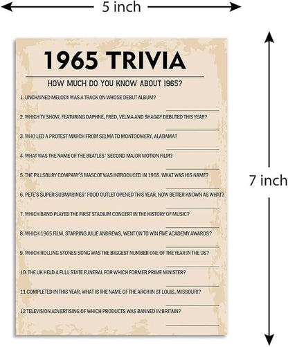 QUPT 60th Birthday Party Games, 1965 Trivia Games, Birthday Party Supplies for Adults, Fun 1965s Party Game，Pack of 30 Cards