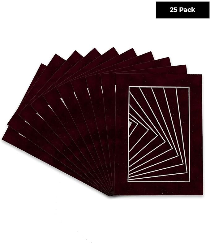 Pack of 25 Acid Free 8x10 Mats Bevel Cut for 5x8 Photos - Dark Red Suede Precut Matboards For Pictures, Photos, Framing - 4-ply Thickness