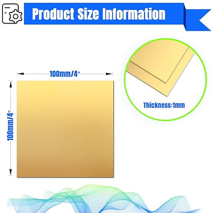 Brass Sheet,4" x 4"-18 Gauge(1mm) Thickness,99.9% Pure Brass Plates for DIY, Jewelry, Electrical, Repair, Industrial(2 Pac）