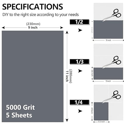 5000 Grit Sandpaper, 9 x 11 Inch Wet Dry Sand Paper Hand Abrasive Sanding Sheets for Wood Metal Automotive Sanding and Polishing, Extra Fine - 5 Sheets