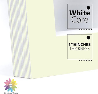 Mat Board Center, Pack of 10, 11x14 for 8x10 Ivory Color Mats - Bevel Cut, Acid Free, 4-ply Thickness, White Core - for Pictures, Photos, Framing