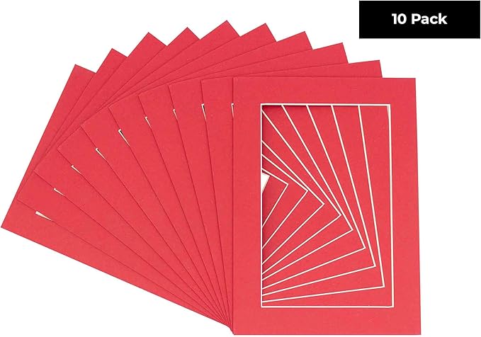 Pack of Ten Acid Free 8x10 Mats Bevel Cut for 5.5x8.5 Photos - Deep Red Precut Matboards With Backing Boards and Self Seal Photo Mat Bags For Pictures, Photos, Framing - 4-ply Thickness