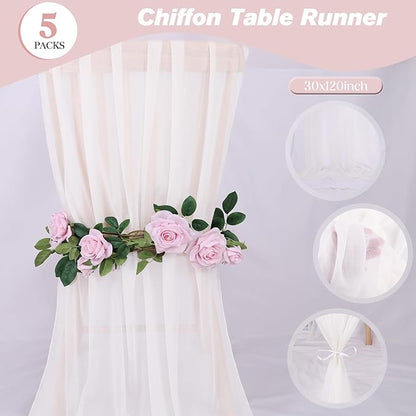 5 Packs 10ft White Chiffon Table Runner 30 x 120 Inches Romantic Sheer Table Runners for Wedding Party Bridal Baby Shower Birthday Holiday Decorations