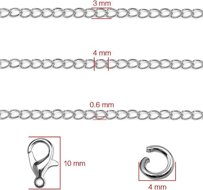 Jishi 33ft Necklace Extender Chain 3mm Silver Stainless Steel Curb Link Chain for Jewelry Making, Bracelet Necklace Extender DIY, Keychain Craft Supplies, Metal Chain Roll w/Lobster Clasps, Jump Rings
