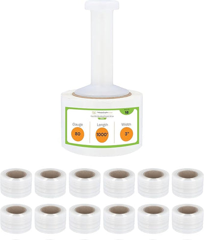 PSBM Mini Stretch Wrap with Handle, 18 Pack, 3 Inch x 1000 Feet, 80 Gauge, Clear, Small Plastic Cling Film for Pallets Moving Storing