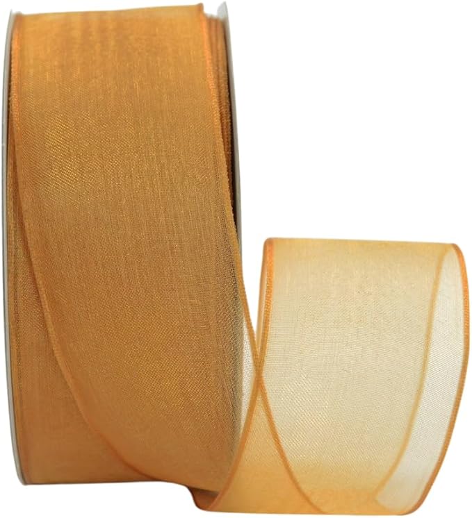 Ribbon Bazaar Sheer Organza Wired Ribbon - 100% Polyester Wire Edged Ribbon for Floral Decor, Table Arrangements, Apparel Embellishment & More - 1-1/2" Old Gold 25yd