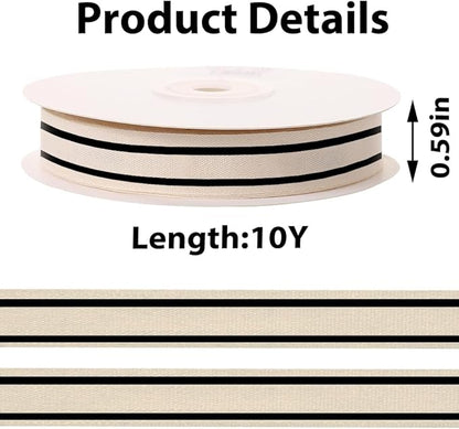 10 Yards × 3/5 Inch Black Natural Cotton Ribbon, Double Sided Webbing Straps Ribbons, Birthday Wedding Valentines Ribbons for Crafting, DIY Sewing, Gift Wrapping