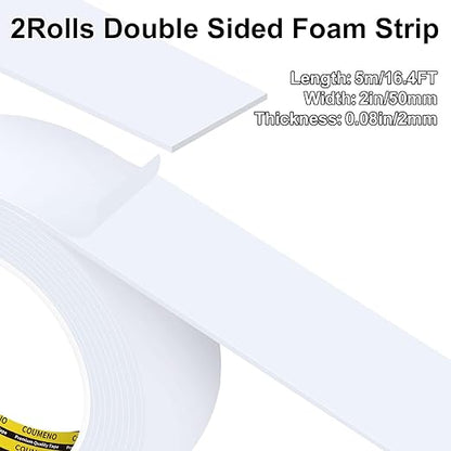 2Pack 2inX16.4FT Double Sided Foam Strip, EVA Foam Tape, Double Sided Sponge Adhesive Mounting Tape for Home Office Decor White
