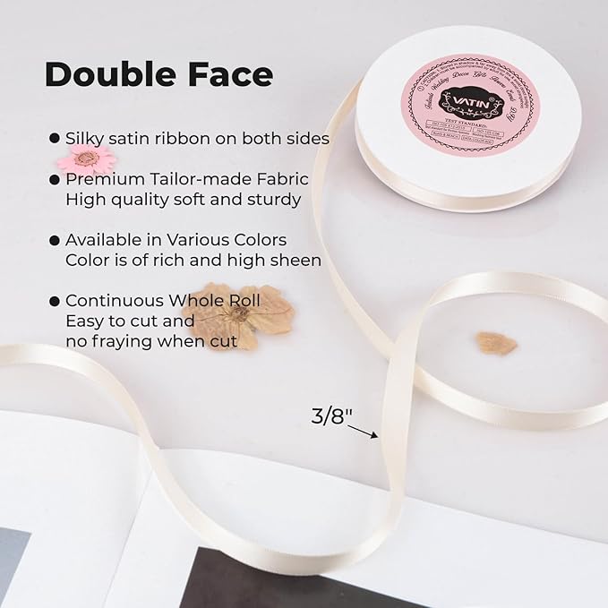 VATIN Double Face Cream Satin Ribbon 3/8" Continuous 50 Yards,Cream Polyester Fabric Ribbon use for Bows Bouquet, Gift Wrapping, Floral Arrangement Wedding Decoration