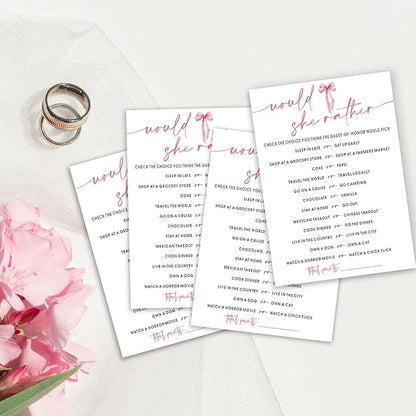 Wedding Shower Games Cards, Would She Rather Bridal Shower Game for 25 Guests, Engagement Party Wedding Games for Guests, Pink Ribbon Bow Wedding Party Supplies - E11