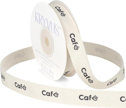 Cafe Print Ribbon - 5/8 Inch x 12 Yards Natural Twill Tape Ribbon, Cotton Herringbone Ribbons for Gift Wrapping, Party, Coffee Bar Decoration
