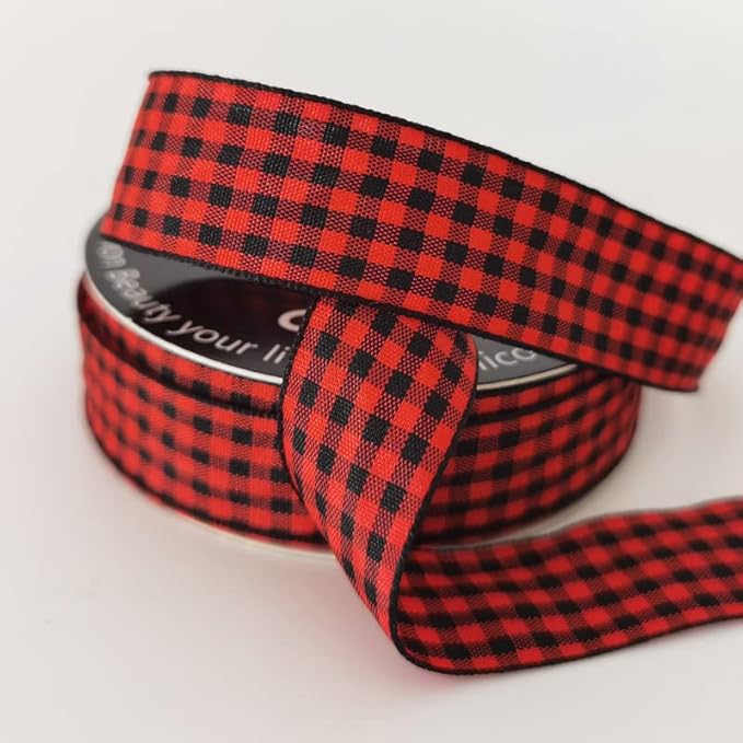 Red and Black Gingham Plaid Checked Ribbon 25 Yards Each Roll 100% Polyester (1",BlackRed)