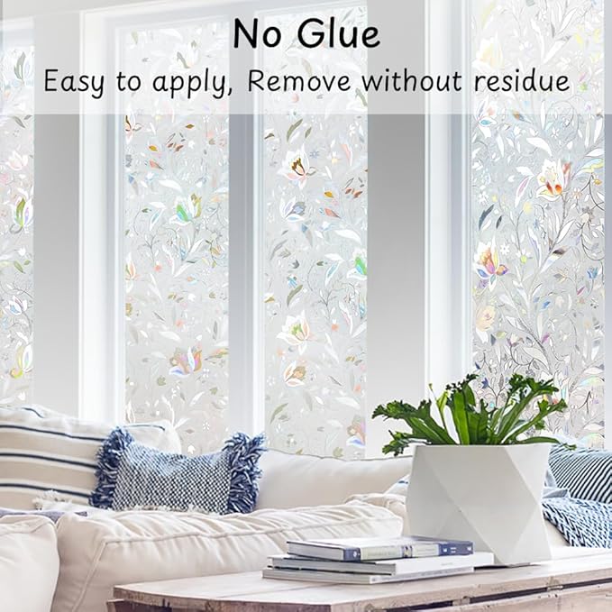 NINETREX Window Privacy Film,3D Stained Glass Window Film,Decorative Window Covering Sun Blocking Vinyl Static Cling Anti-UV Heat Control for Home Decor,Tulip 35.4 x 118.1inch