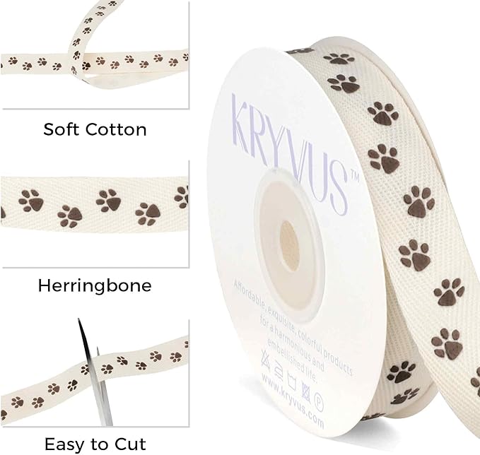 Paw Print Ribbon - 5/8 Inch x 12 Yards Natural Twill Tape Ribbon, Cotton Herringbone Ribbons for Gift Wrapping, Crafts, Dog Party Supplies, DIY Decoration