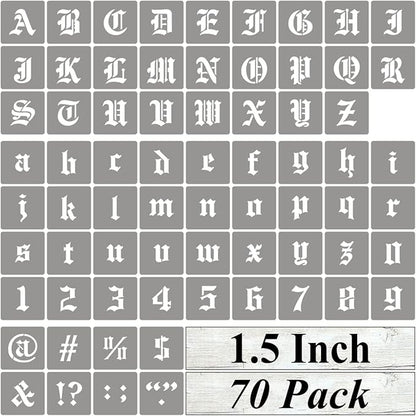 1.5 Inch Alphabet Letter Stencils for Painting - 70 Pack Old English Letter Stencil Templates with Numbers and Signs for Painting on Wood, Reusable Letter Stencils for Chalkboard Wood Signs & Wall Art