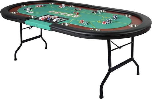 Upgrade 84" Folding Poker Table, 10 Players Oval Card Table with Stainless Steel Cup Holders and Padded Rails, Casino Leisure Felt Surface Texas Hold 'em Poker Table, Green