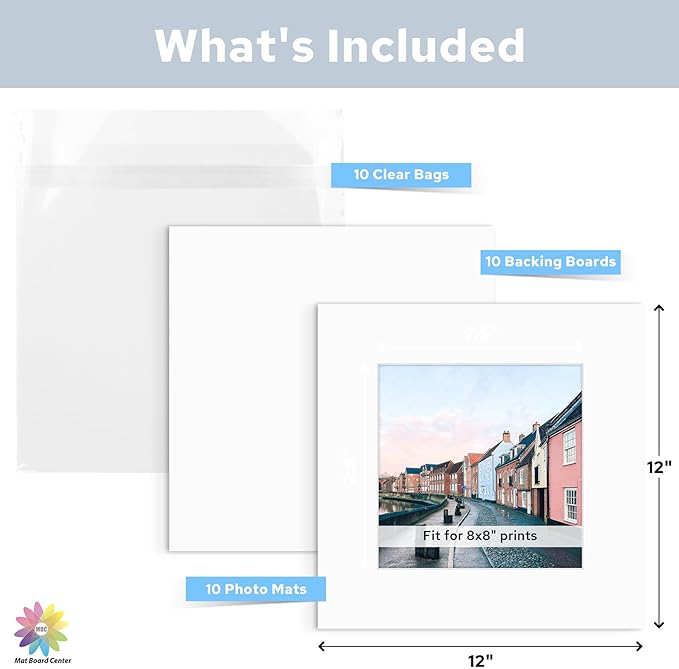 Mat Board Center, Pack of 10, 12x12 for 8x8 White Mat Kit - Acid Free, 4-ply Thickness, White Core - Includes Backing Boards and Clear Bags - for Pictures, Photos, Framing