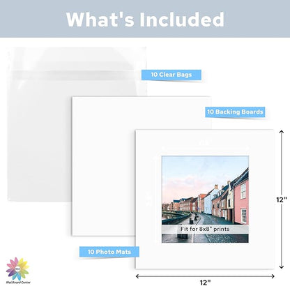 Mat Board Center, Pack of 10, 12x12 for 8x8 White Mat Kit - Acid Free, 4-ply Thickness, White Core - Includes Backing Boards and Clear Bags - for Pictures, Photos, Framing
