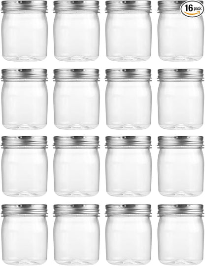 novelinks 8 oz Clear Plastic Jars with Screw-On Lids - BPA-Free Refillable Storage Containers for Slime, Spices, Crafts, Kitchen & Home Organization (16 Pack,Silver)