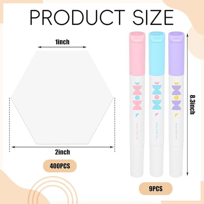 LemonSecret 409 Pcs Paper Piecing for Quilting Fabric Set Include 400 Paper Piecing 1" Hexagon Quilting Templates and 9 Fabric Glue Pen for DIY Patchwork Crafts and Sewing Supplies