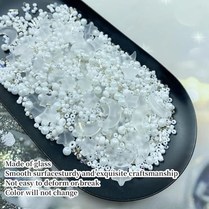 Assorted Glass Beads for Jewelry Making Multi Size Colors Glass Star Moon Seed Pearl Spacer Beads for Bracelets Necklace Earring Making(Frosted White)