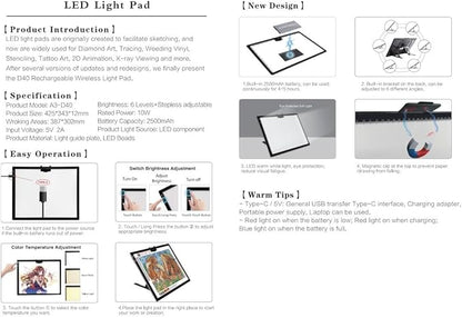 Wireless Rechargeable A3 LED Light Pad w/Built-in Foldable Stand, 3 Color Tone, 6 Levels of Brightness, Battery Powered Evenly Illuminated Light Box for Tracing Drawing and Diamond Painting