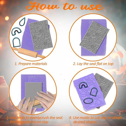 4PCS Halloween Polymer Clay Texture Sheets Set for Using with Clay Cutters, Pumpkins Clay Texture Mats, Jewelry Making DIY Halloween Craft Tools