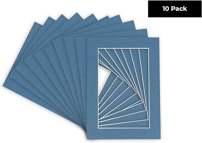 Pack of Ten 8x10 Mats Bevel Cut for 5x8 Photos - Acid Free Steel Blue Precut Matboards for Pictures, Photos, Framing - 4-ply Thickness