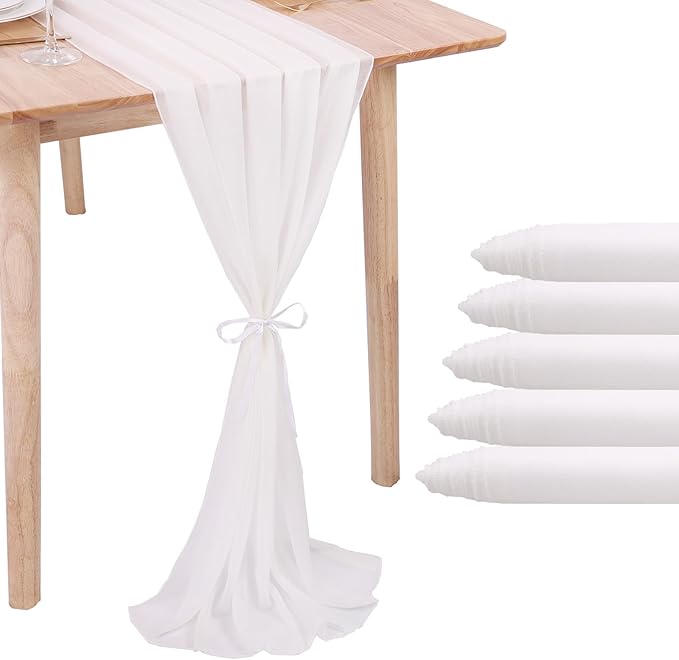 5 Packs 10ft White Chiffon Table Runner 30 x 120 Inches Romantic Sheer Table Runners for Wedding Party Bridal Baby Shower Birthday Holiday Decorations