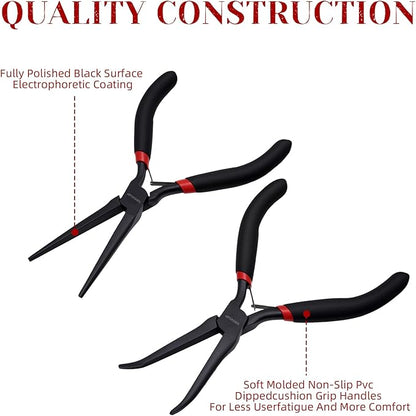 WISEUP 6" Mini Needle Nose Pliers Set，2-Piece Small Long Reach Bent Needle Nose Pliers for Jewelry DIY Craft，Repair & Wire Wrapping